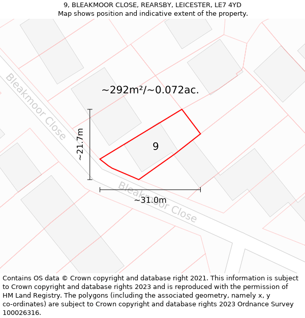 9, BLEAKMOOR CLOSE, REARSBY, LEICESTER, LE7 4YD: Plot and title map