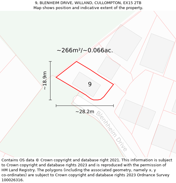 9, BLENHEIM DRIVE, WILLAND, CULLOMPTON, EX15 2TB: Plot and title map