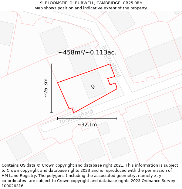 9, BLOOMSFIELD, BURWELL, CAMBRIDGE, CB25 0RA: Plot and title map