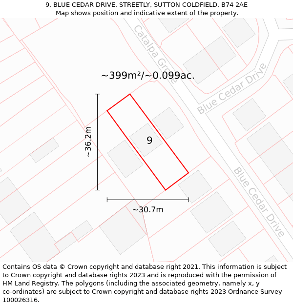 9, BLUE CEDAR DRIVE, STREETLY, SUTTON COLDFIELD, B74 2AE: Plot and title map