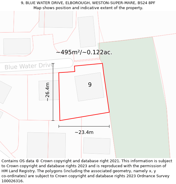 9, BLUE WATER DRIVE, ELBOROUGH, WESTON-SUPER-MARE, BS24 8PF: Plot and title map