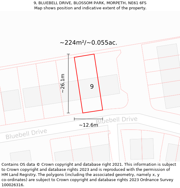 9, BLUEBELL DRIVE, BLOSSOM PARK, MORPETH, NE61 6FS: Plot and title map