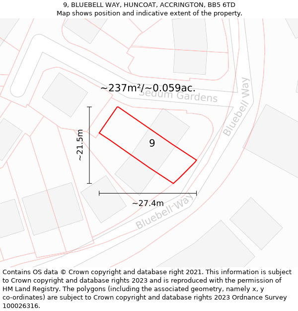 9, BLUEBELL WAY, HUNCOAT, ACCRINGTON, BB5 6TD: Plot and title map