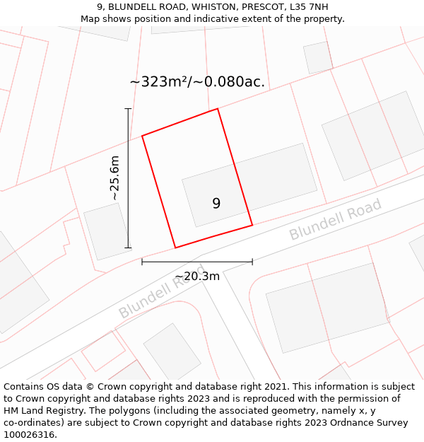 9, BLUNDELL ROAD, WHISTON, PRESCOT, L35 7NH: Plot and title map
