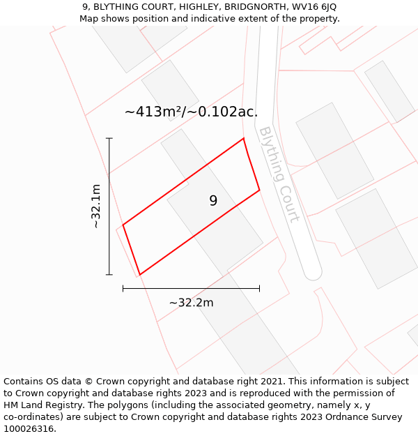 9, BLYTHING COURT, HIGHLEY, BRIDGNORTH, WV16 6JQ: Plot and title map