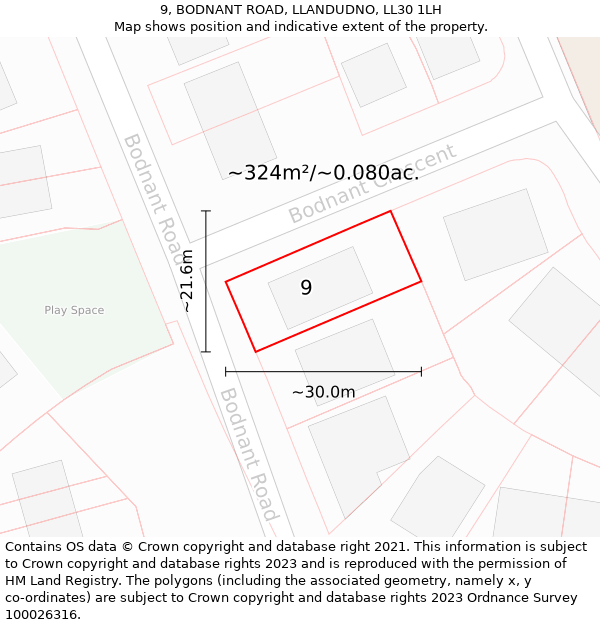 9, BODNANT ROAD, LLANDUDNO, LL30 1LH: Plot and title map