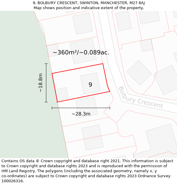 9, BOLBURY CRESCENT, SWINTON, MANCHESTER, M27 8AJ: Plot and title map