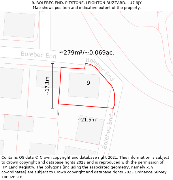 9, BOLEBEC END, PITSTONE, LEIGHTON BUZZARD, LU7 9JY: Plot and title map