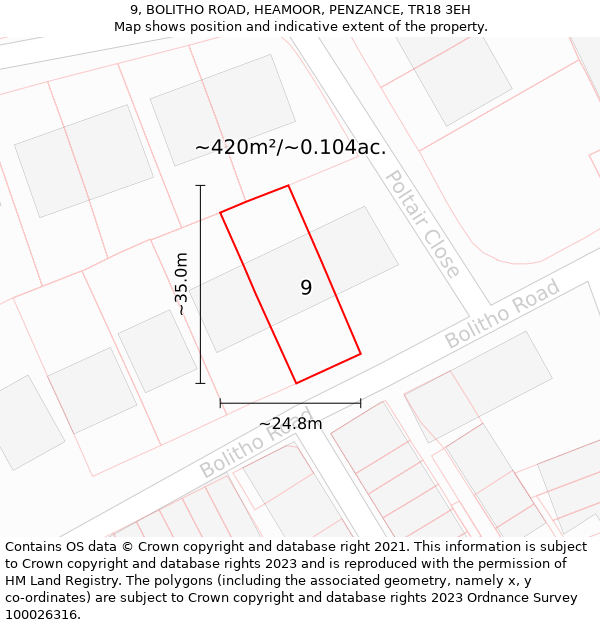 9, BOLITHO ROAD, HEAMOOR, PENZANCE, TR18 3EH: Plot and title map