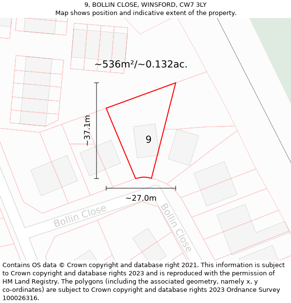 9, BOLLIN CLOSE, WINSFORD, CW7 3LY: Plot and title map