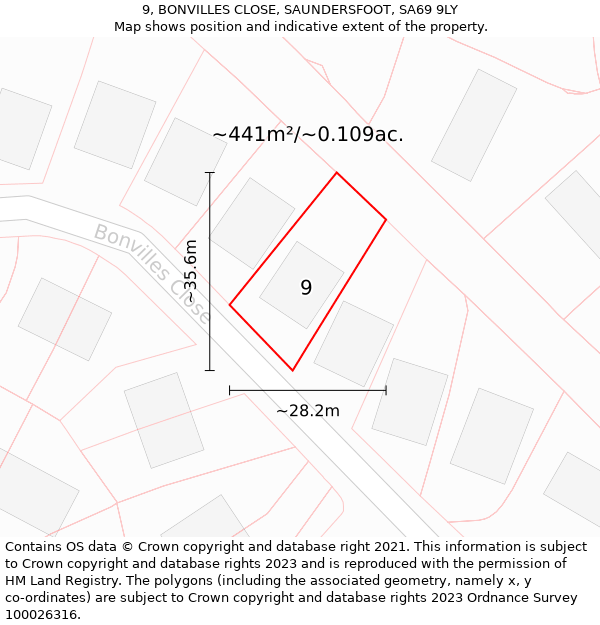 9, BONVILLES CLOSE, SAUNDERSFOOT, SA69 9LY: Plot and title map