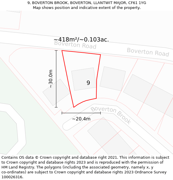 9, BOVERTON BROOK, BOVERTON, LLANTWIT MAJOR, CF61 1YG: Plot and title map