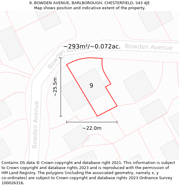 9, BOWDEN AVENUE, BARLBOROUGH, CHESTERFIELD, S43 4JE: Plot and title map