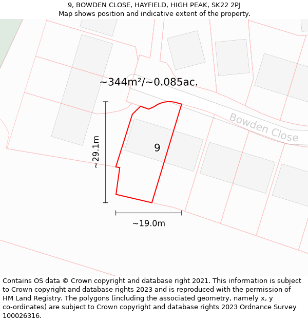 9, BOWDEN CLOSE, HAYFIELD, HIGH PEAK, SK22 2PJ: Plot and title map