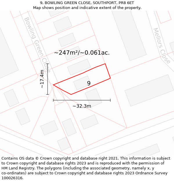 9, BOWLING GREEN CLOSE, SOUTHPORT, PR8 6ET: Plot and title map