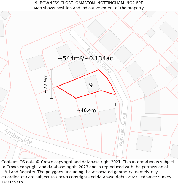 9, BOWNESS CLOSE, GAMSTON, NOTTINGHAM, NG2 6PE: Plot and title map