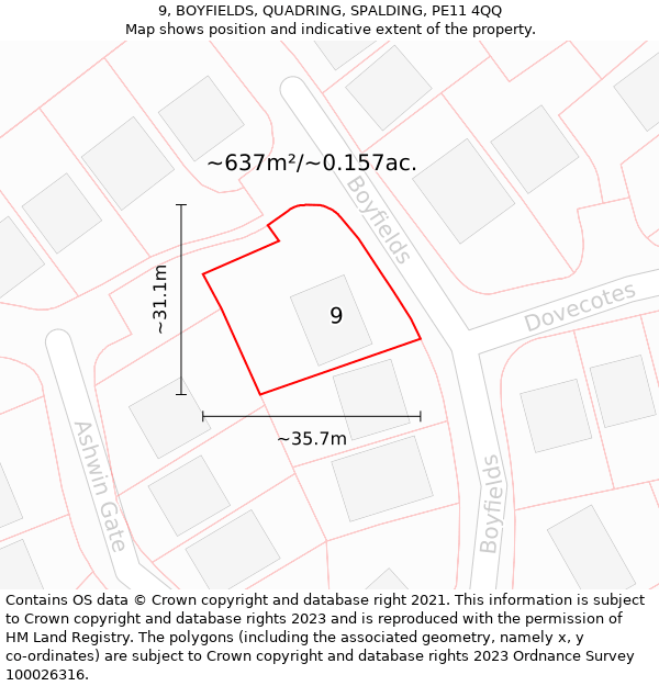 9, BOYFIELDS, QUADRING, SPALDING, PE11 4QQ: Plot and title map