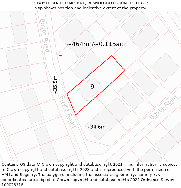 9, BOYTE ROAD, PIMPERNE, BLANDFORD FORUM, DT11 8UY: Plot and title map