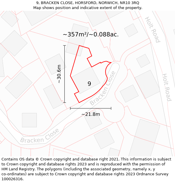 9, BRACKEN CLOSE, HORSFORD, NORWICH, NR10 3RQ: Plot and title map