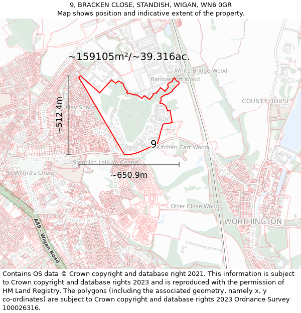 9, BRACKEN CLOSE, STANDISH, WIGAN, WN6 0GR: Plot and title map