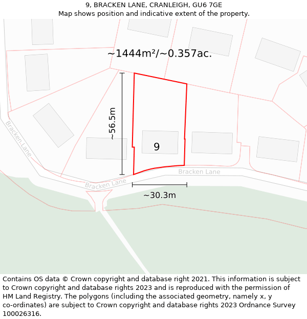 9, BRACKEN LANE, CRANLEIGH, GU6 7GE: Plot and title map