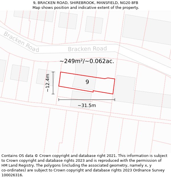 9, BRACKEN ROAD, SHIREBROOK, MANSFIELD, NG20 8FB: Plot and title map