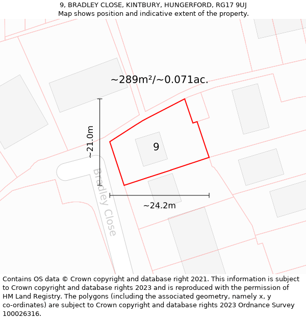 9, BRADLEY CLOSE, KINTBURY, HUNGERFORD, RG17 9UJ: Plot and title map