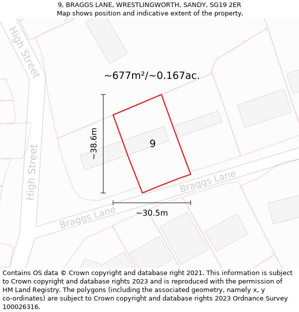 9, BRAGGS LANE, WRESTLINGWORTH, SANDY, SG19 2ER: Plot and title map