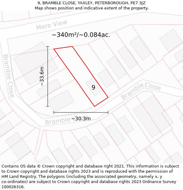 9, BRAMBLE CLOSE, YAXLEY, PETERBOROUGH, PE7 3JZ: Plot and title map