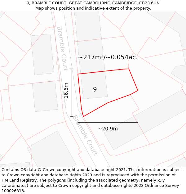 9, BRAMBLE COURT, GREAT CAMBOURNE, CAMBRIDGE, CB23 6HN: Plot and title map