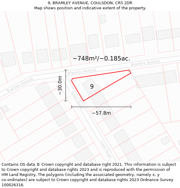 9, BRAMLEY AVENUE, COULSDON, CR5 2DR: Plot and title map