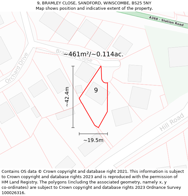 9, BRAMLEY CLOSE, SANDFORD, WINSCOMBE, BS25 5NY: Plot and title map