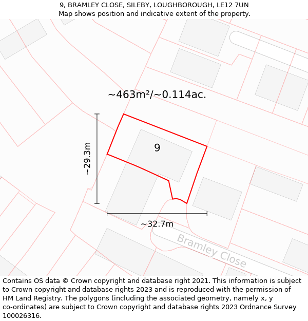 9, BRAMLEY CLOSE, SILEBY, LOUGHBOROUGH, LE12 7UN: Plot and title map