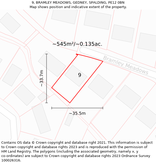 9, BRAMLEY MEADOWS, GEDNEY, SPALDING, PE12 0BN: Plot and title map