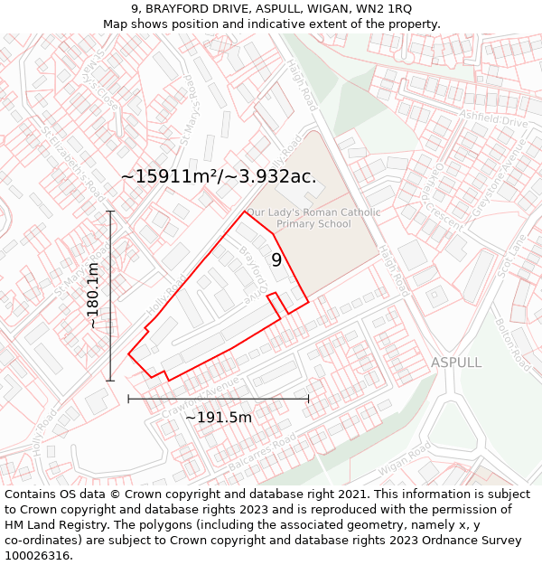 9, BRAYFORD DRIVE, ASPULL, WIGAN, WN2 1RQ: Plot and title map