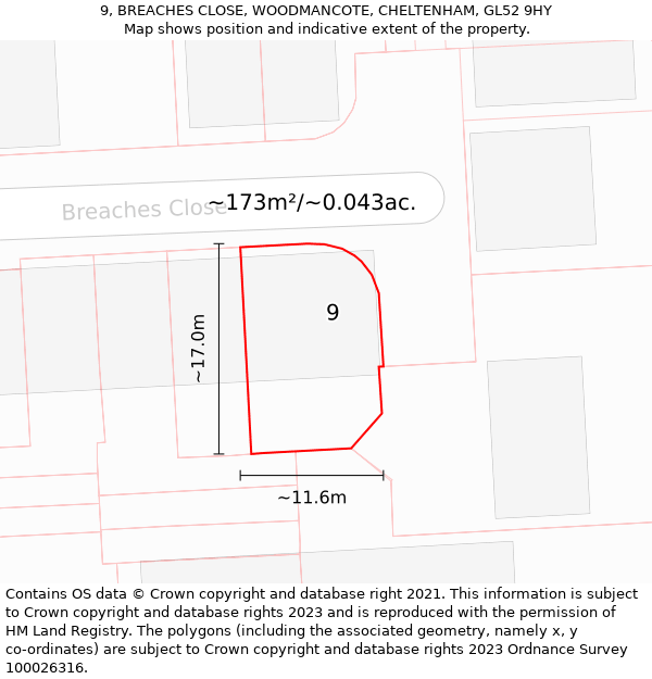 9, BREACHES CLOSE, WOODMANCOTE, CHELTENHAM, GL52 9HY: Plot and title map