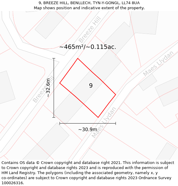9, BREEZE HILL, BENLLECH, TYN-Y-GONGL, LL74 8UA: Plot and title map
