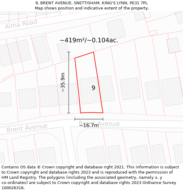 9, BRENT AVENUE, SNETTISHAM, KING'S LYNN, PE31 7PL: Plot and title map