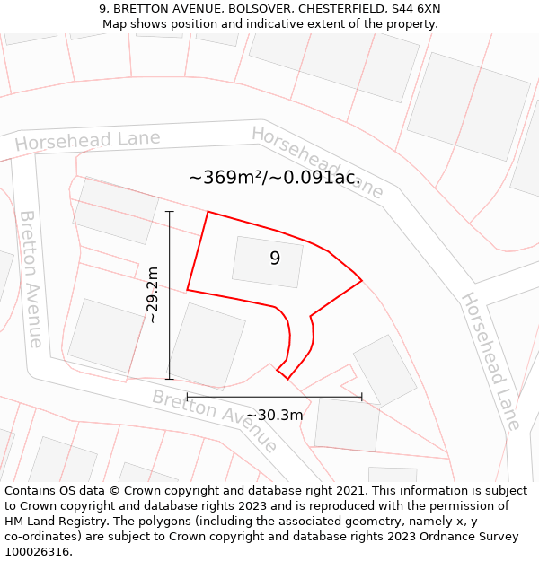 9, BRETTON AVENUE, BOLSOVER, CHESTERFIELD, S44 6XN: Plot and title map