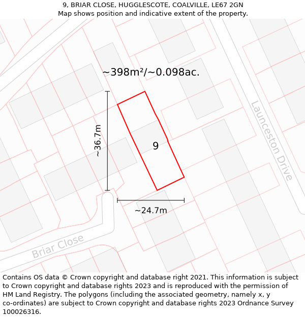 9, BRIAR CLOSE, HUGGLESCOTE, COALVILLE, LE67 2GN: Plot and title map