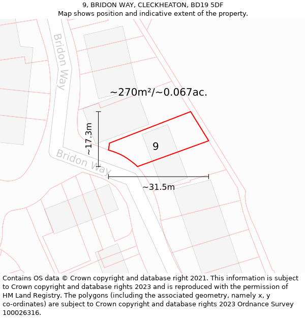 9, BRIDON WAY, CLECKHEATON, BD19 5DF: Plot and title map