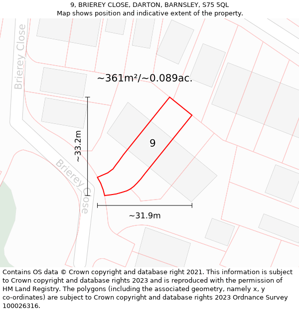 9, BRIEREY CLOSE, DARTON, BARNSLEY, S75 5QL: Plot and title map