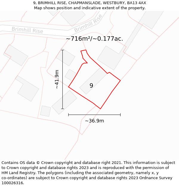 9, BRIMHILL RISE, CHAPMANSLADE, WESTBURY, BA13 4AX: Plot and title map