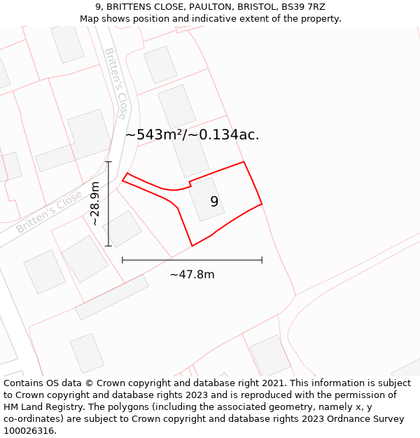 9, BRITTENS CLOSE, PAULTON, BRISTOL, BS39 7RZ: Plot and title map