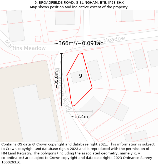 9, BROADFIELDS ROAD, GISLINGHAM, EYE, IP23 8HX: Plot and title map