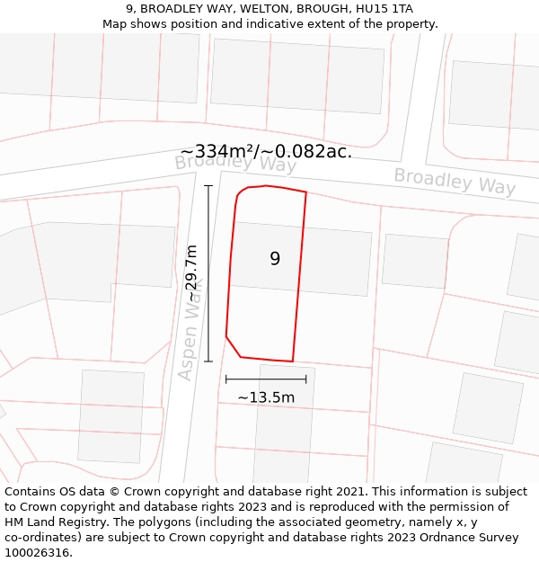 9, BROADLEY WAY, WELTON, BROUGH, HU15 1TA: Plot and title map