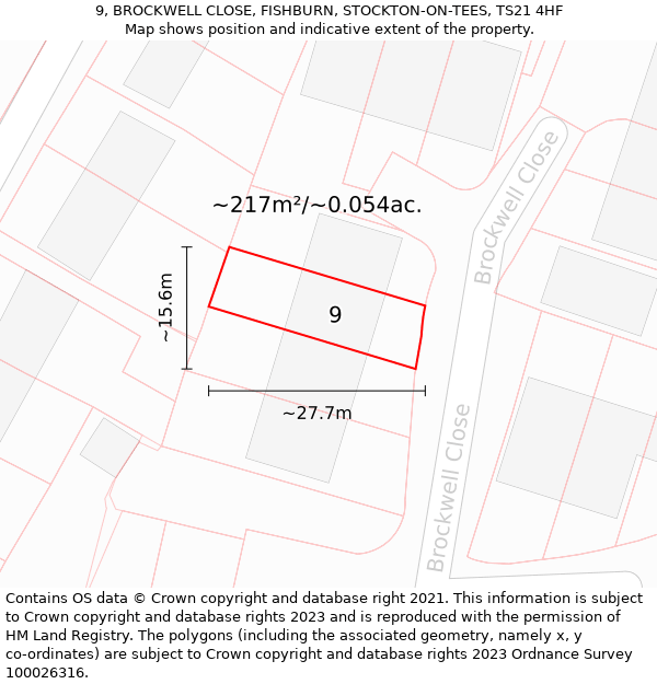 9, BROCKWELL CLOSE, FISHBURN, STOCKTON-ON-TEES, TS21 4HF: Plot and title map