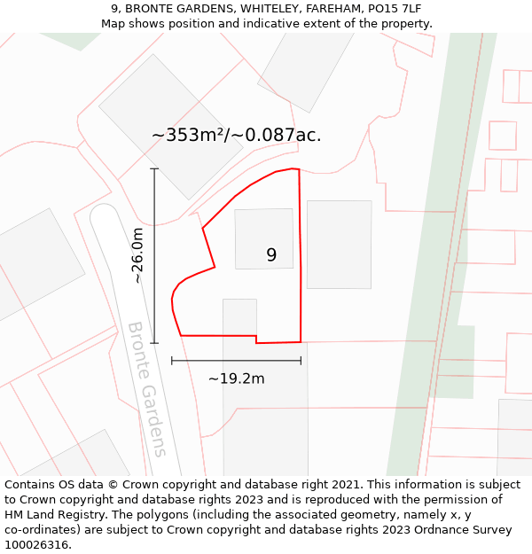 9, BRONTE GARDENS, WHITELEY, FAREHAM, PO15 7LF: Plot and title map