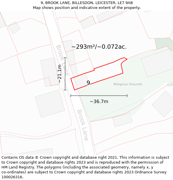 9, BROOK LANE, BILLESDON, LEICESTER, LE7 9AB: Plot and title map