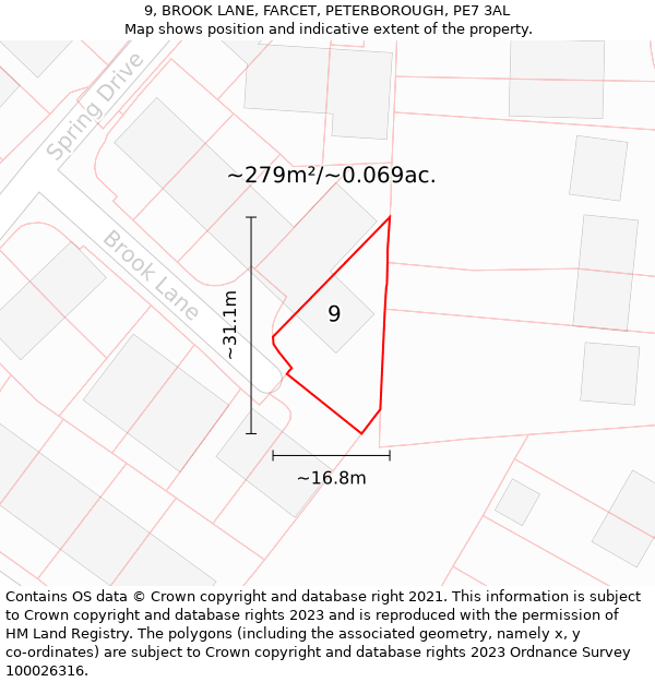 9, BROOK LANE, FARCET, PETERBOROUGH, PE7 3AL: Plot and title map